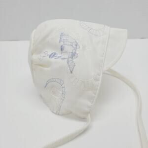 Vintage Baby Boy Train Steam Engine Embroidered Blue White Bonnet Cap Newborn